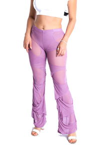 Thumbnail for Bell Bottom Yoga Layered Mesh Flared Leg Pants Leggings Lavender S M L