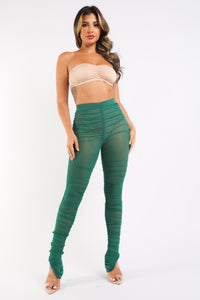 Thumbnail for Casual Ruched Mesh Elastic Waist Sexy Leggings Slit Hem KELLY GREEN