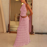 Thumbnail for 2pcs Women's Dress Suit Sexy Sleeveless Backless Cropped Halter Top And Pleated Long Dress