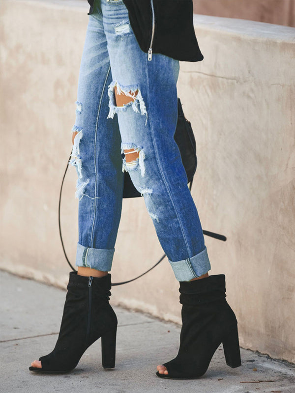 New casual washed ripped straight leg street style jeans