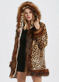 Thumbnail for Womens Leopard Print Hooded Faux Fur Collar Jacket