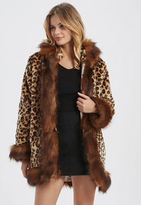 Thumbnail for Womens Leopard Print Hooded Faux Fur Collar Jacket