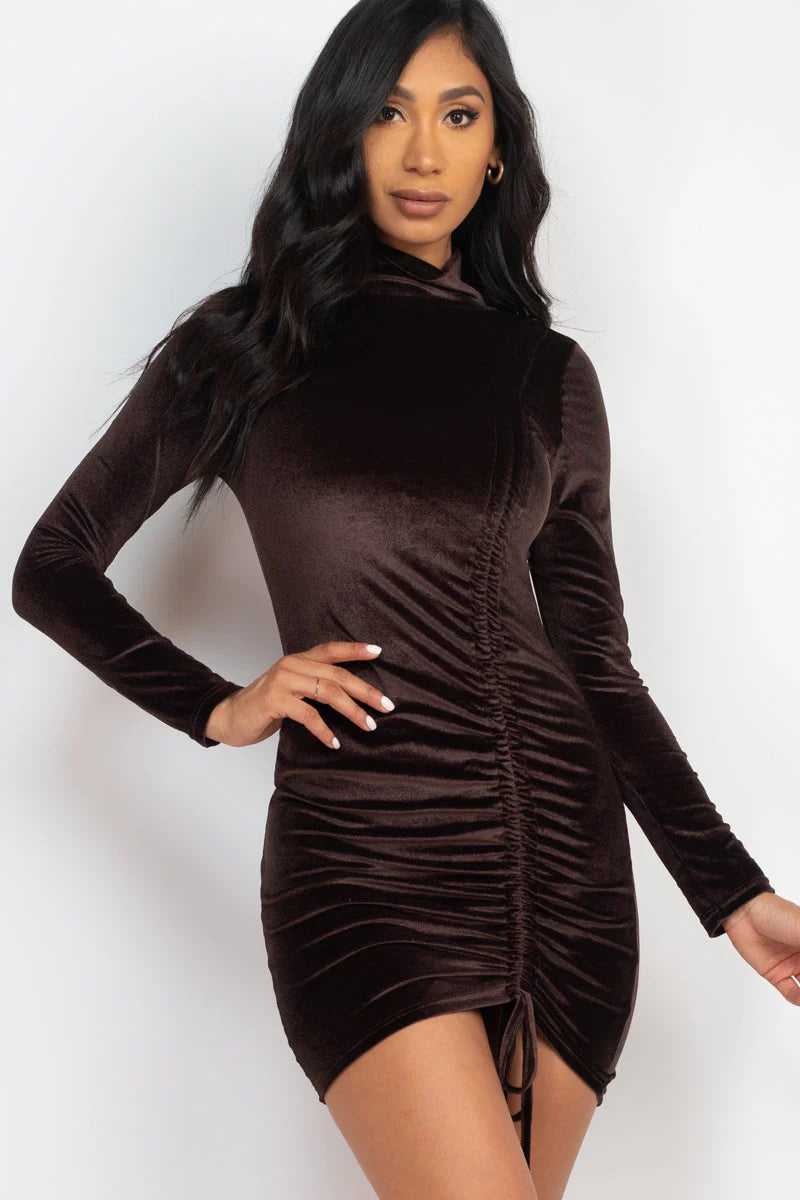 Turtleneck Drawstring Ruched Velour Dress (CAPELLA)