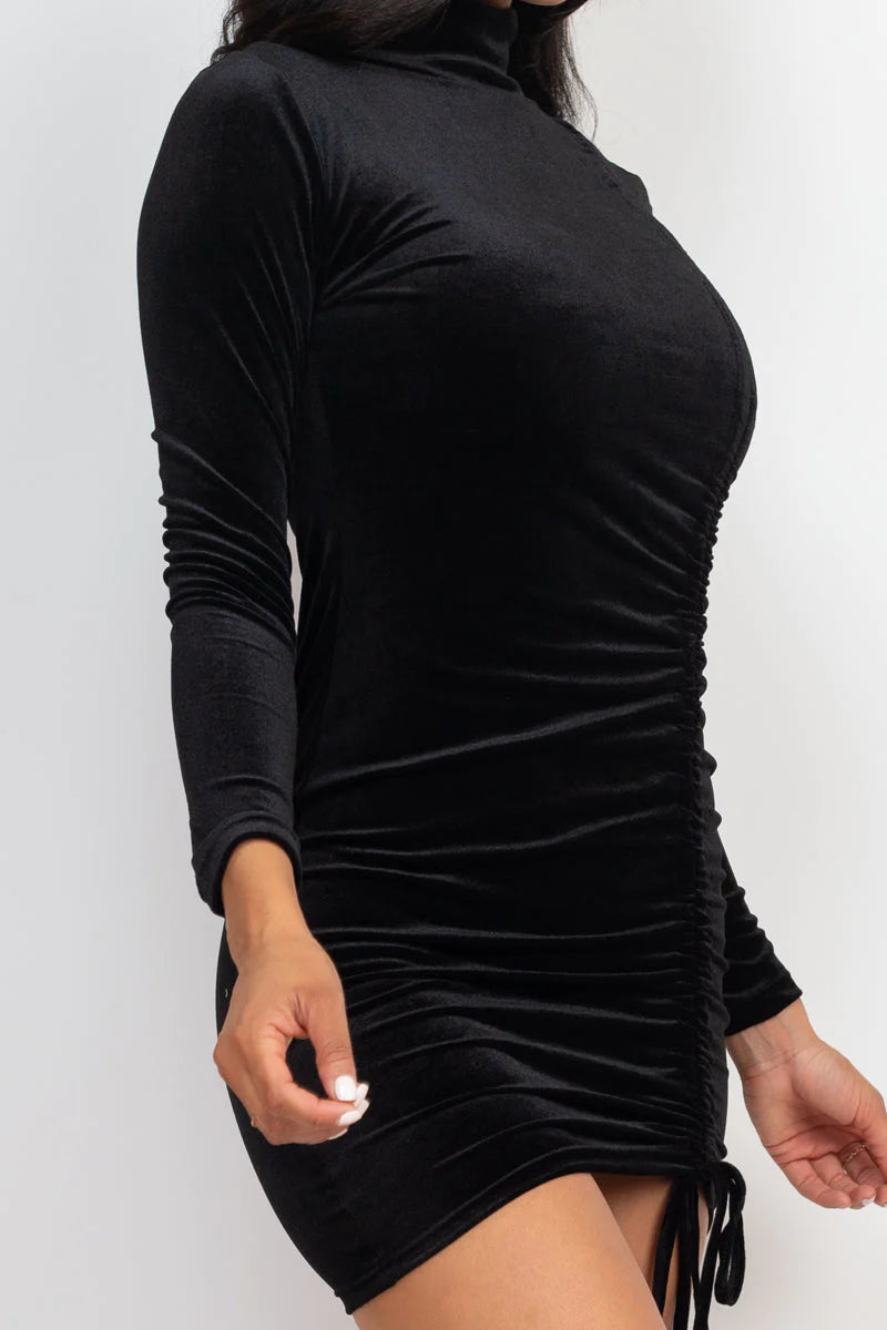 Turtleneck Drawstring Ruched Velour Dress (CAPELLA)