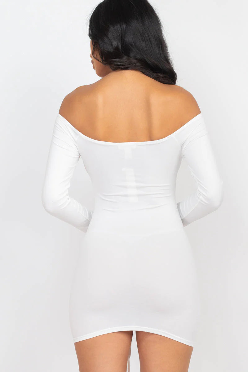 Off Shoulder Ruched Drawstring Bodycon Dress (CAPELLA)