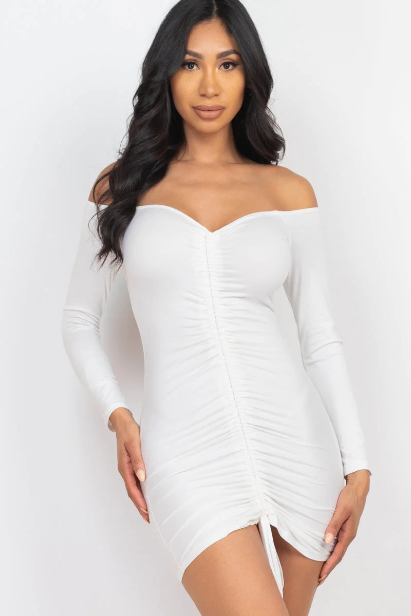 Off Shoulder Ruched Drawstring Bodycon Dress (CAPELLA)