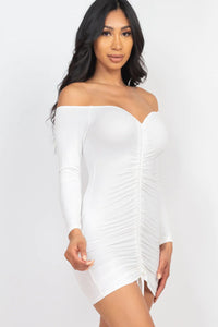 Thumbnail for Off Shoulder Ruched Drawstring Bodycon Dress (CAPELLA)