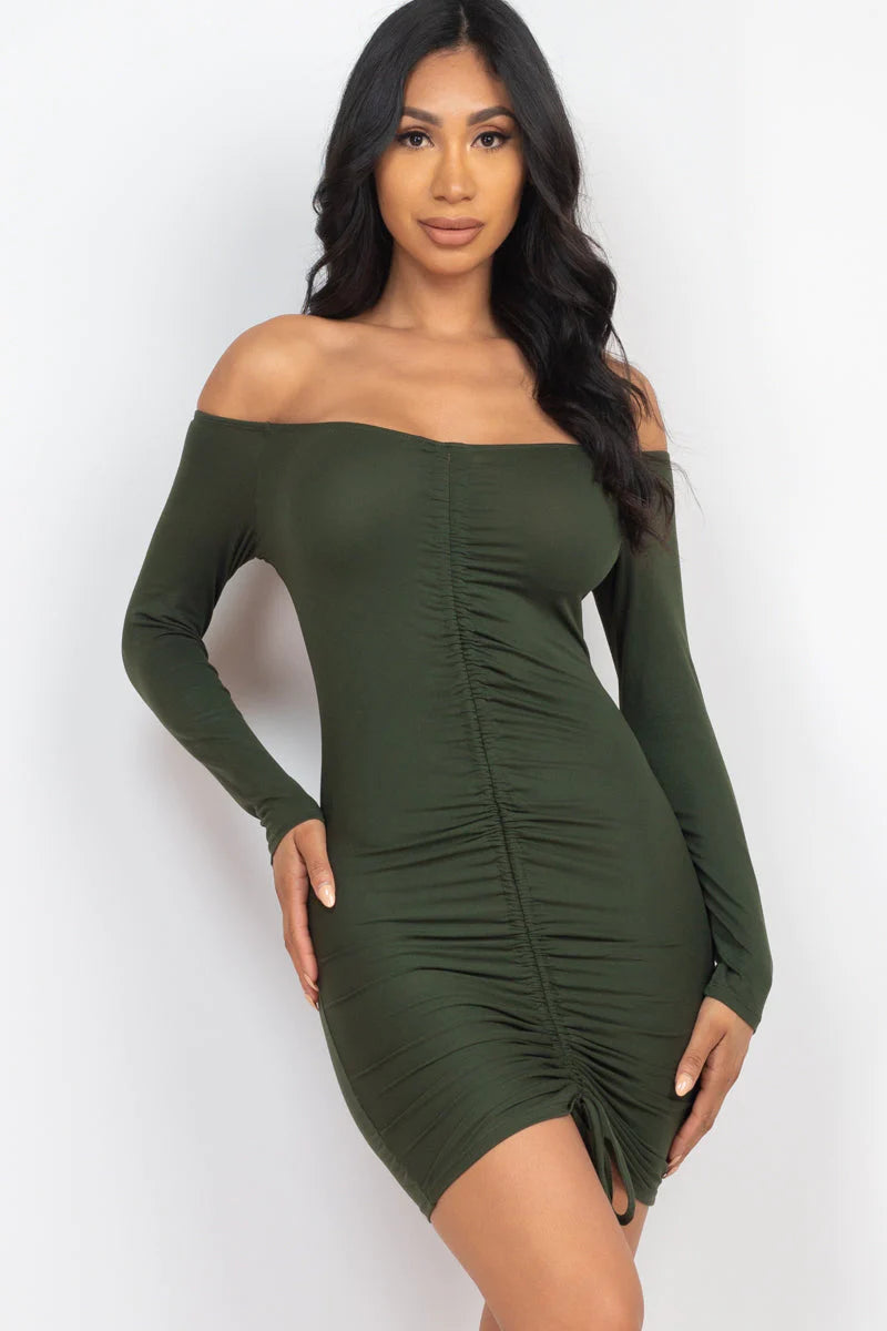 Off Shoulder Ruched Drawstring Bodycon Dress (CAPELLA)