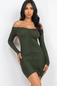 Thumbnail for Off Shoulder Ruched Drawstring Bodycon Dress (CAPELLA)