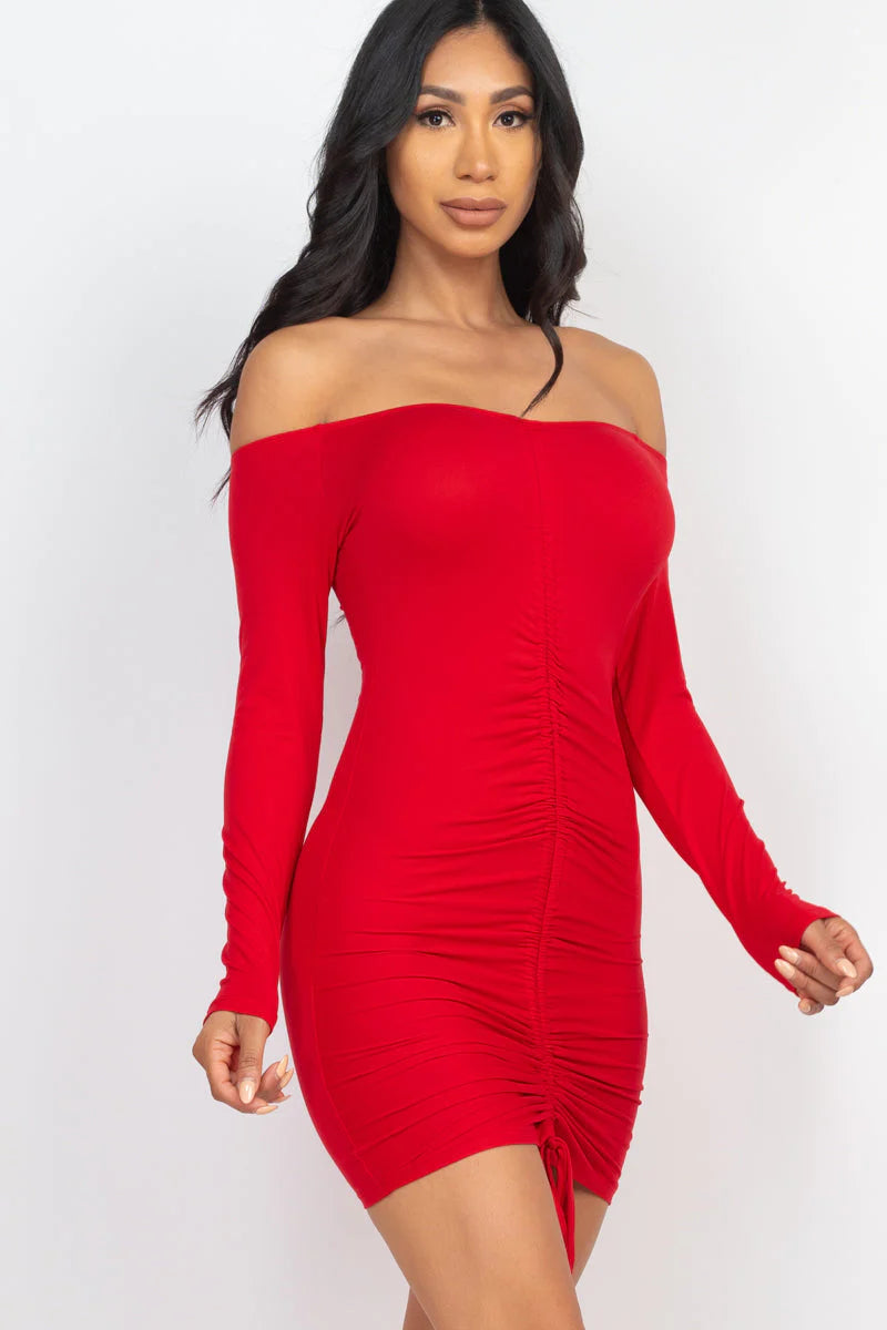 Off Shoulder Ruched Drawstring Bodycon Dress (CAPELLA)