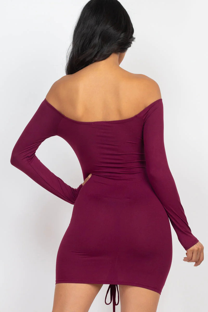 Off Shoulder Ruched Drawstring Bodycon Dress (CAPELLA)