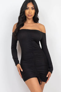 Thumbnail for Off Shoulder Ruched Drawstring Bodycon Dress (CAPELLA)