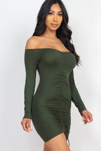 Thumbnail for Off Shoulder Ruched Drawstring Bodycon Dress (CAPELLA)