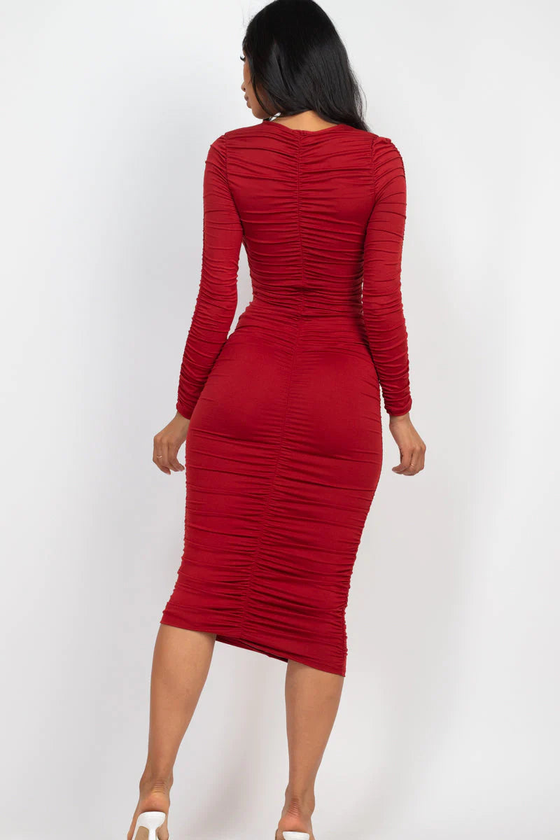 Ruched Long Sleeve Midi Dress (CAPELLA)