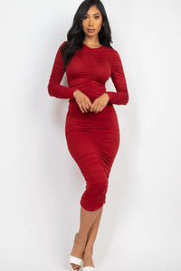 Thumbnail for Ruched Long Sleeve Midi Dress (CAPELLA)