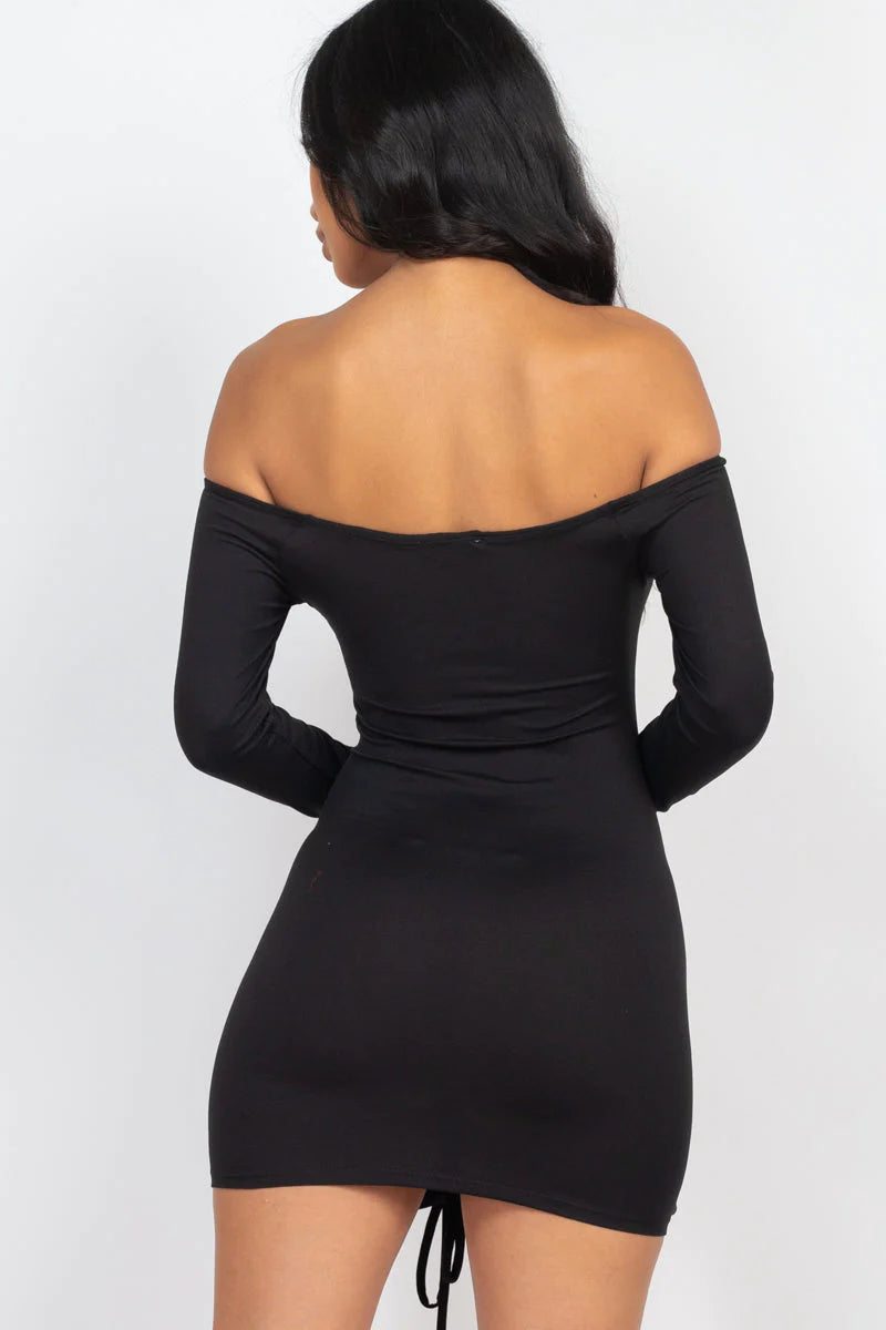 Off Shoulder Ruched Drawstring Bodycon Dress (CAPELLA)