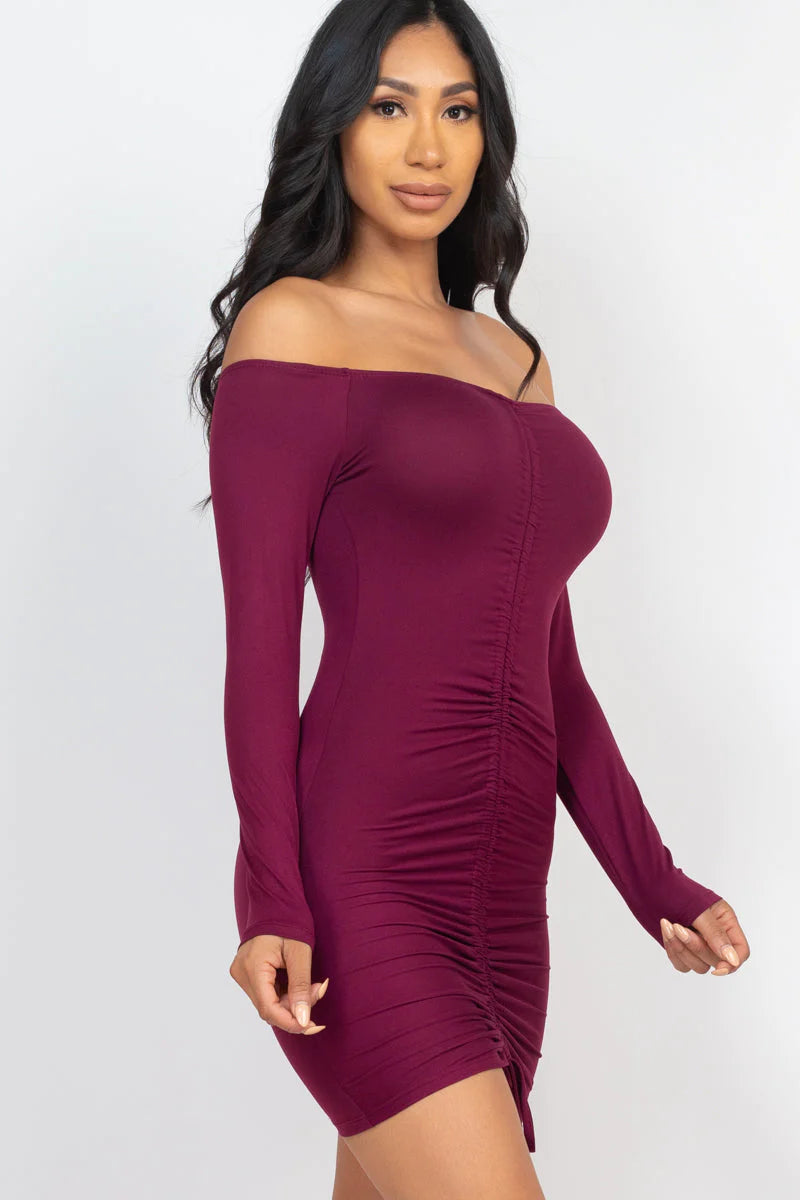 Off Shoulder Ruched Drawstring Bodycon Dress (CAPELLA)