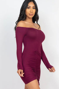 Thumbnail for Off Shoulder Ruched Drawstring Bodycon Dress (CAPELLA)