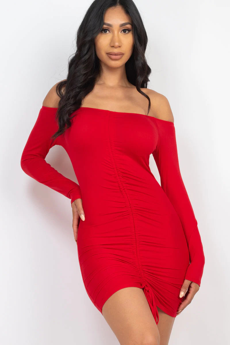 Off Shoulder Ruched Drawstring Bodycon Dress (CAPELLA)