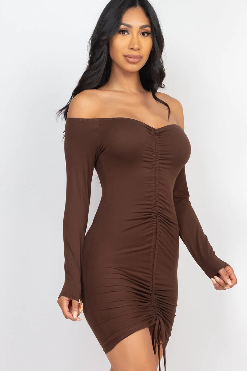 Off Shoulder Ruched Drawstring Bodycon Dress (CAPELLA)