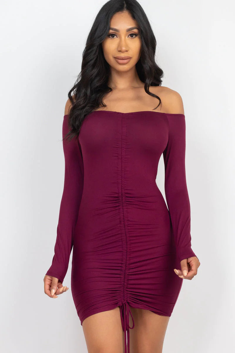 Off Shoulder Ruched Drawstring Bodycon Dress (CAPELLA)