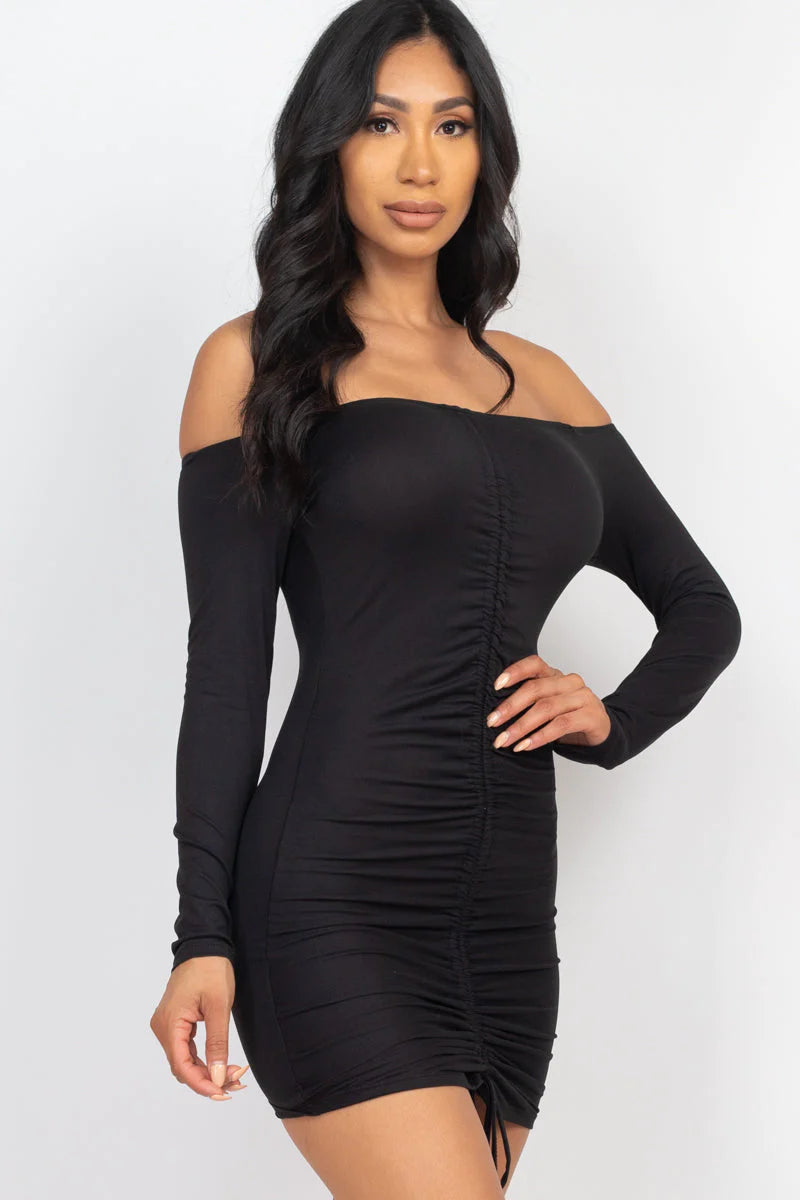 Off Shoulder Ruched Drawstring Bodycon Dress (CAPELLA)