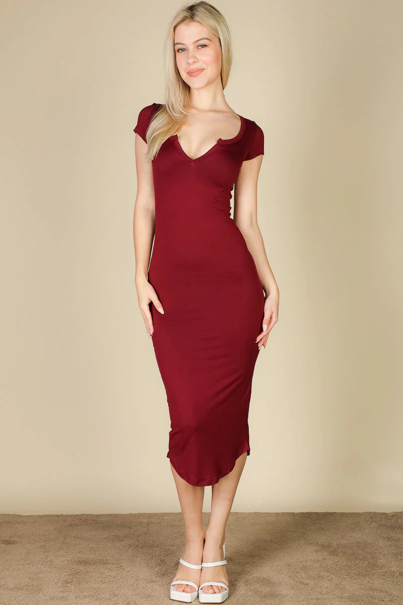 Split Neck Bodycon Midi Dress (CAPELLA)